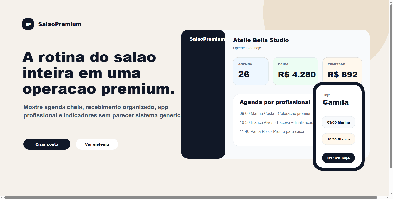 Tela do sistema SalaoPremium com visão comercial e operacional